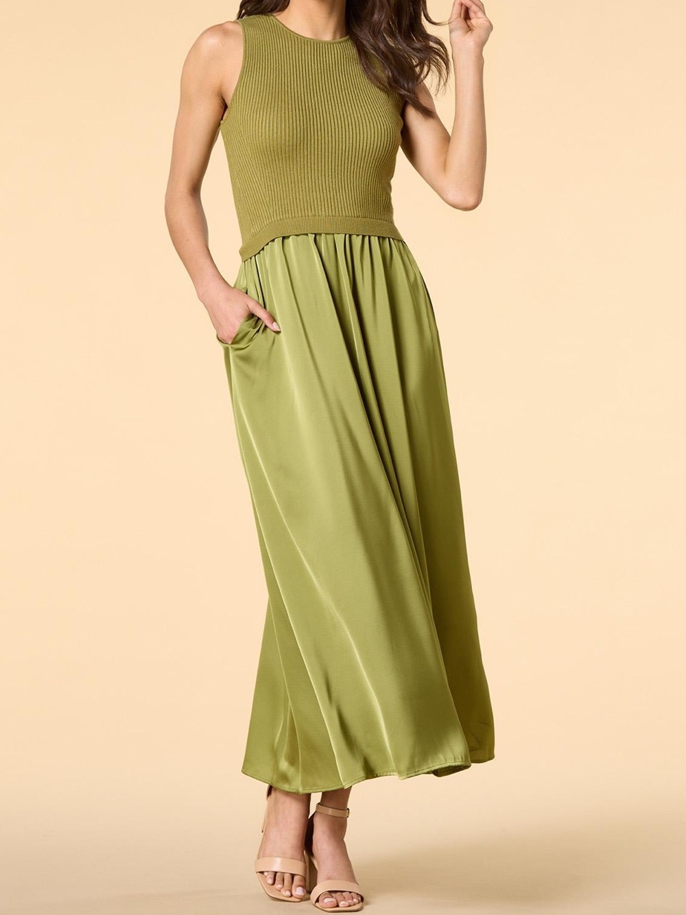Taylor Olive Green Mixed Media Midi Dress Knit Bodice Satin Skirt Size XL